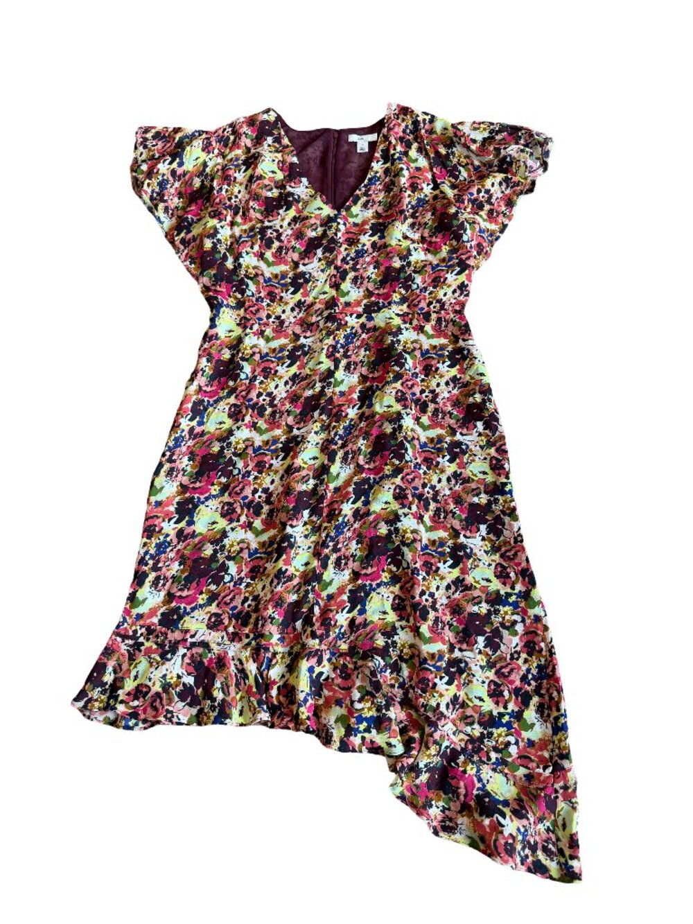 Lewit Floral Print Midi Dress Asymmetrical Short Sleeve Flowy Size 10 Women's